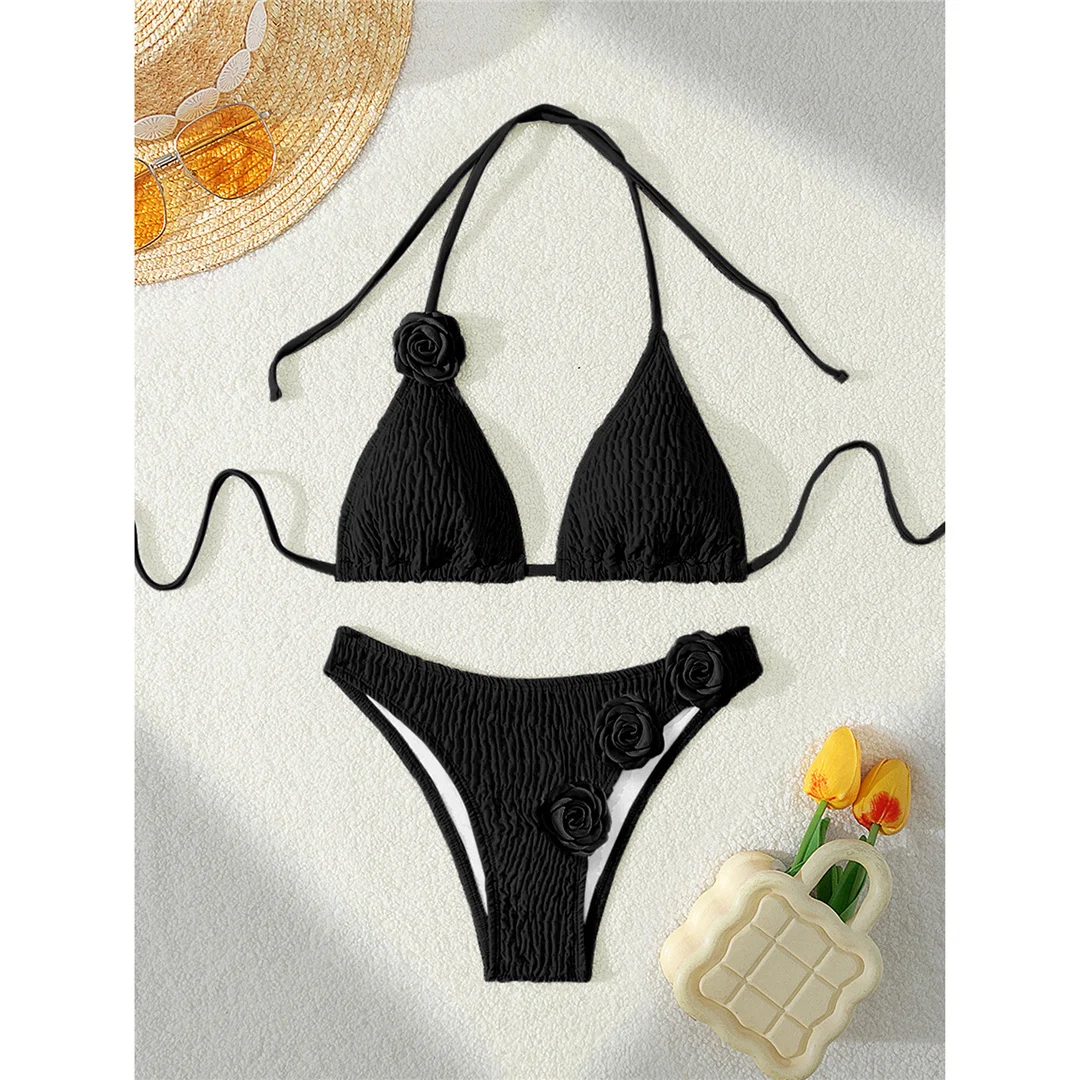 3D-Blumen-Neckholder-Bikini mit Falten, brasilianischer Stil, Damen-Badeanzug, zweiteiliges Bikini-Set, Badebekleidung, Badeanzug, Modell V5559 – Detail 17