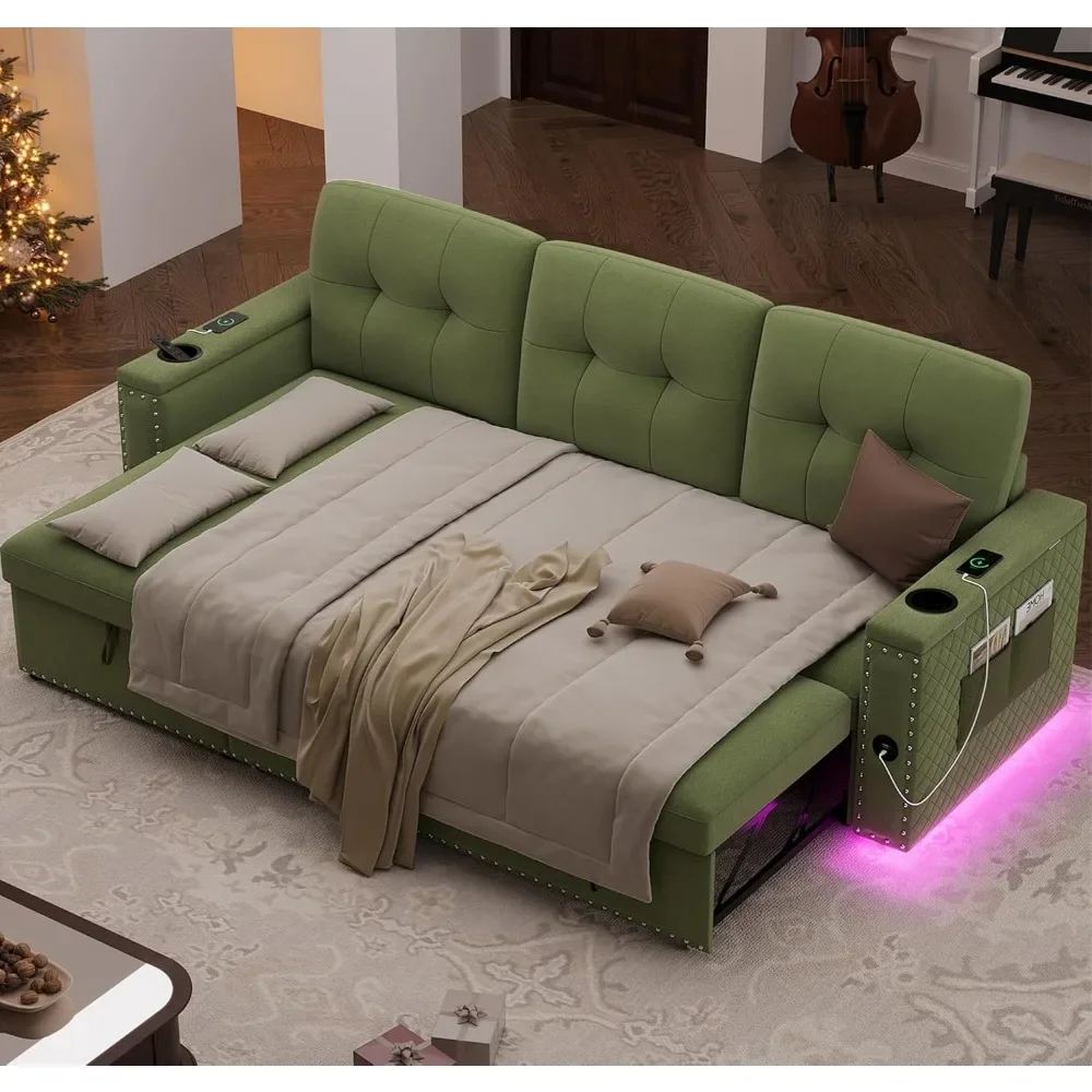 

Sleeper Sofa Bed- 87" L Shaped Sectional Sofa Pull Out Couches for Living Room W/Storage Chaise,Storage Armrest,LED Light&USB P