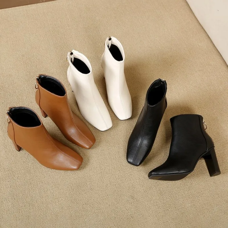 Women's Square Head pu Boots Autumn Back Zipper Party High Heels Thick Heel Solid Color Walking Shoes Botas Para Mujer