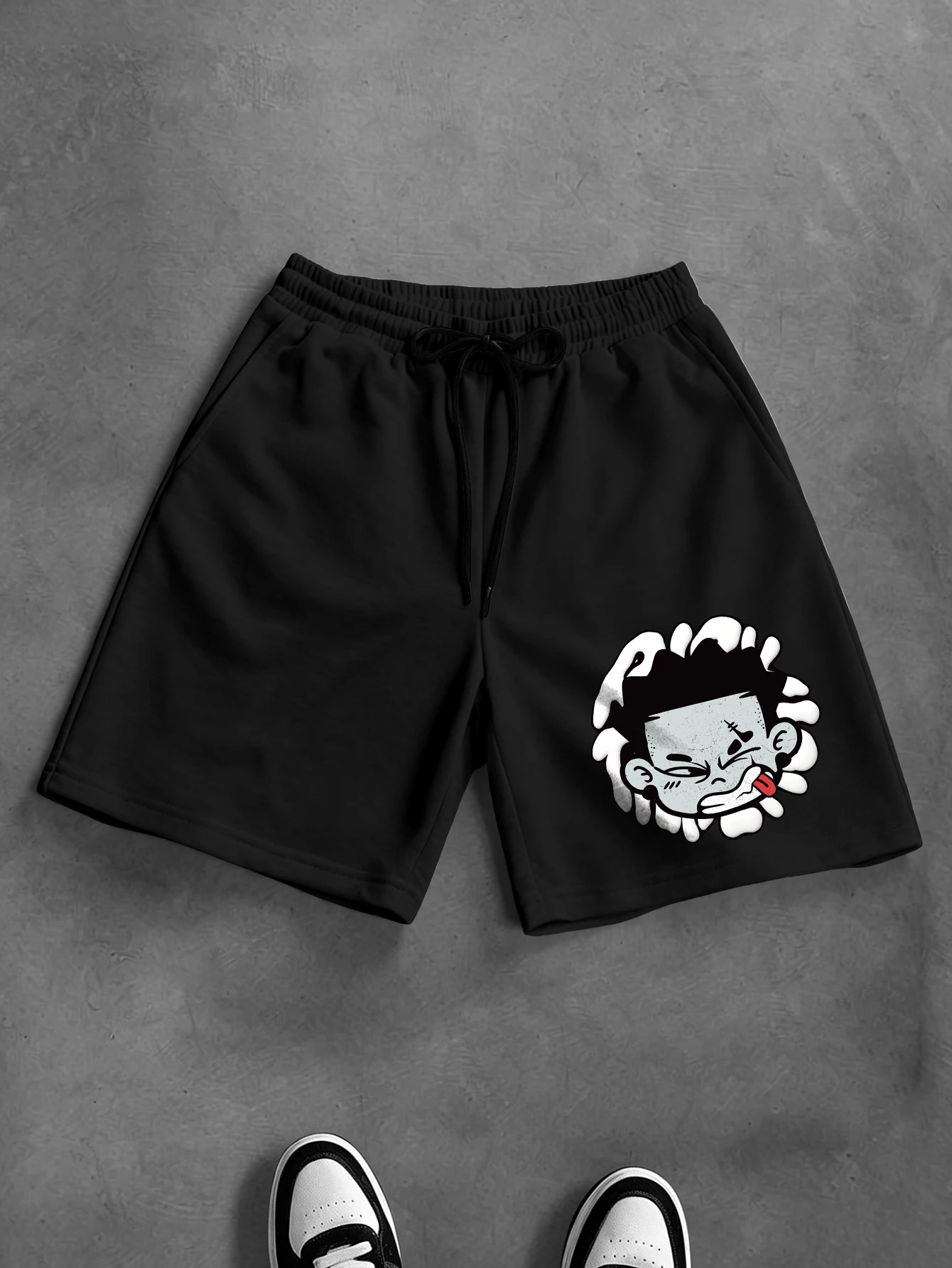 

Men's Oversized Streetwear Shorts Brand Funny Cartoon Boy Head Vintage Distressed Print Polyester Casual Shorts S-2XL