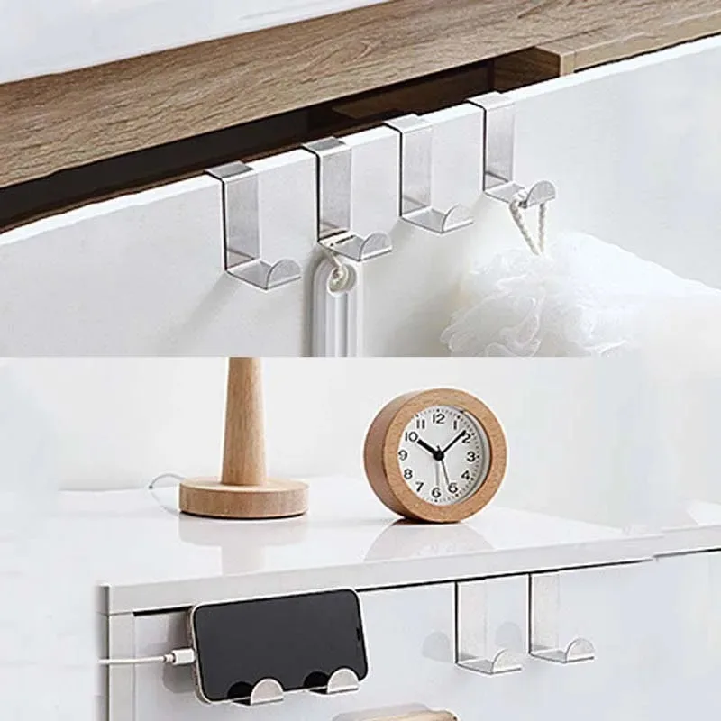 6/2/1Pcs Door Hanger Hook Stainless Steel Kitchen Cabinet Pull Over Door Hook Clothes Bedroom Bathroom Hanger Holder Multi Hook