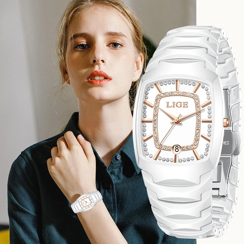 LIGE Elegante Luxus-Quarzuhren für Damen, Keramikarmband, modisch, schlicht, lässig, automatisches Datum, wasserdichte Armbanduhr für Damen, Geschenke