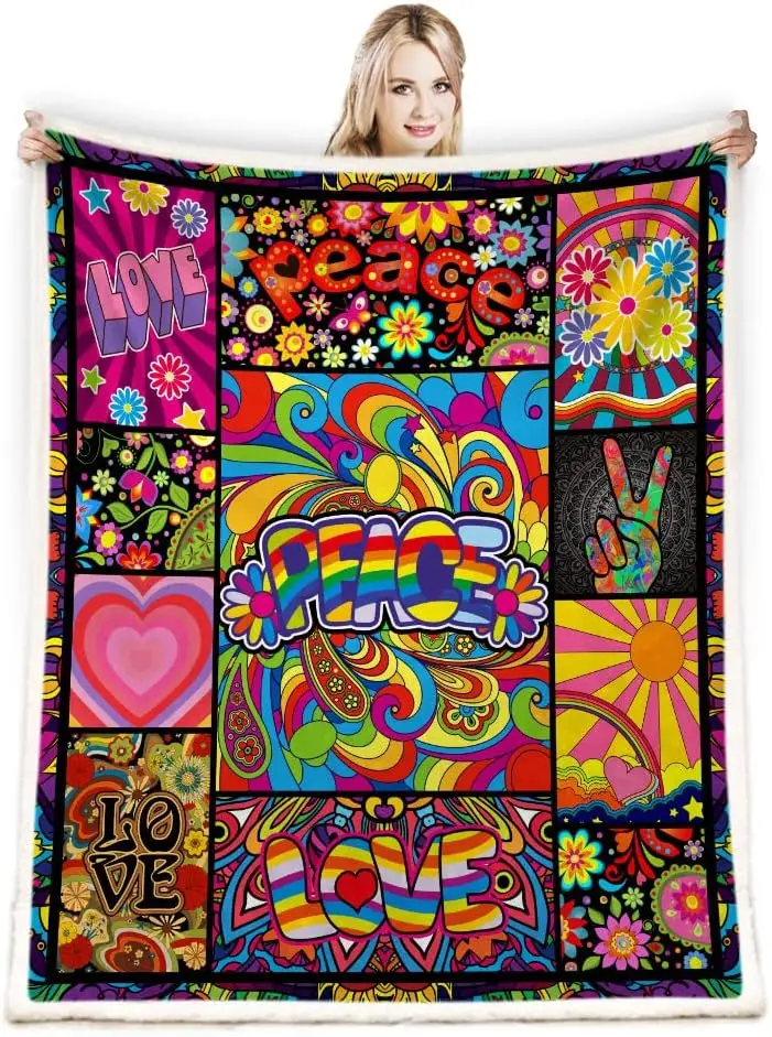 Gift For Hippie Style Peace Love Flower Hippie Throw Blankets Peace Sign Blanket Retro Hippy Stoner Groovy Blanket Hippy Gifts