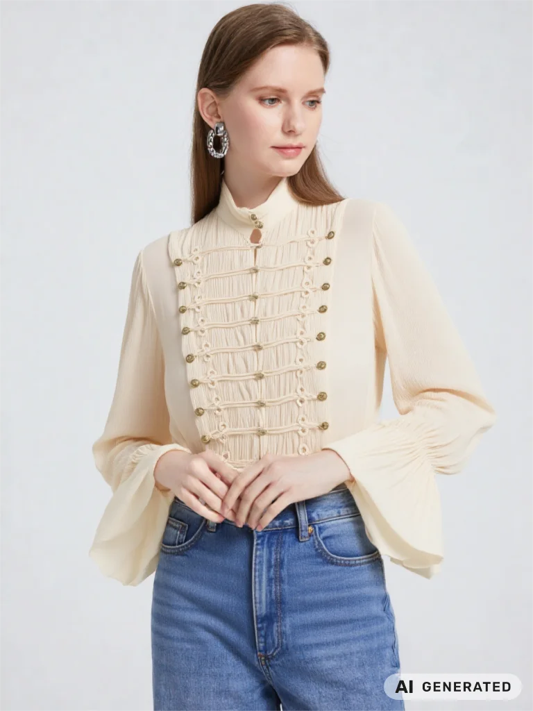 2026 Summer Women's Vintage Decorative Button Romantic Shirt Long Flare Sleeve High Neck Pleated Vintage Elegant Tops Ruffles