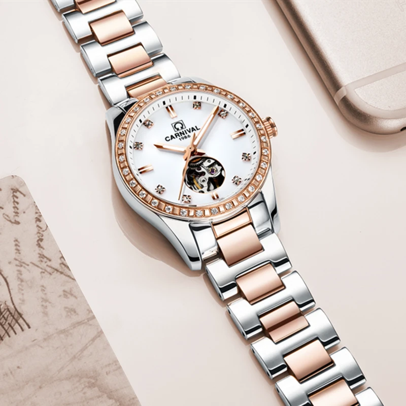 

КАРНАВАЛ брендовые роскошные механические часы для женщин, женские модные сапфировые часы с автоматическим механизмом, водонепроницаемые Reloj Para Mujer