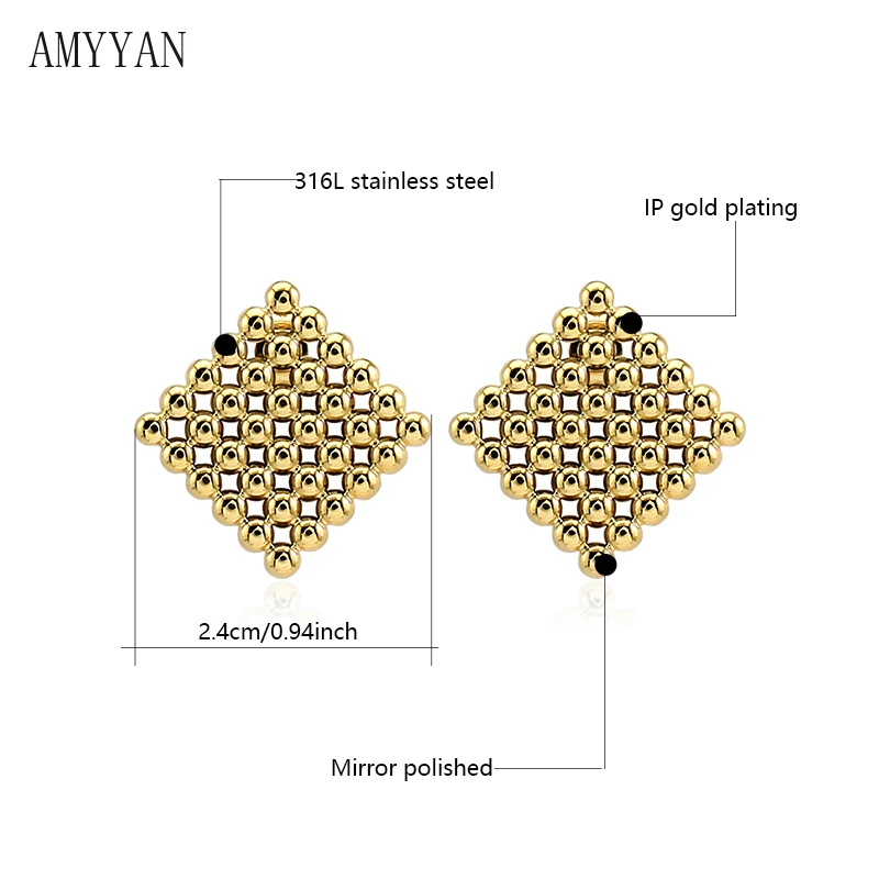 New Stainless Steel Square Rhombic Bead Earrings Elegant 18K Gold Plated Statement Stud Earring Women Waterproof Jewelry Gifts