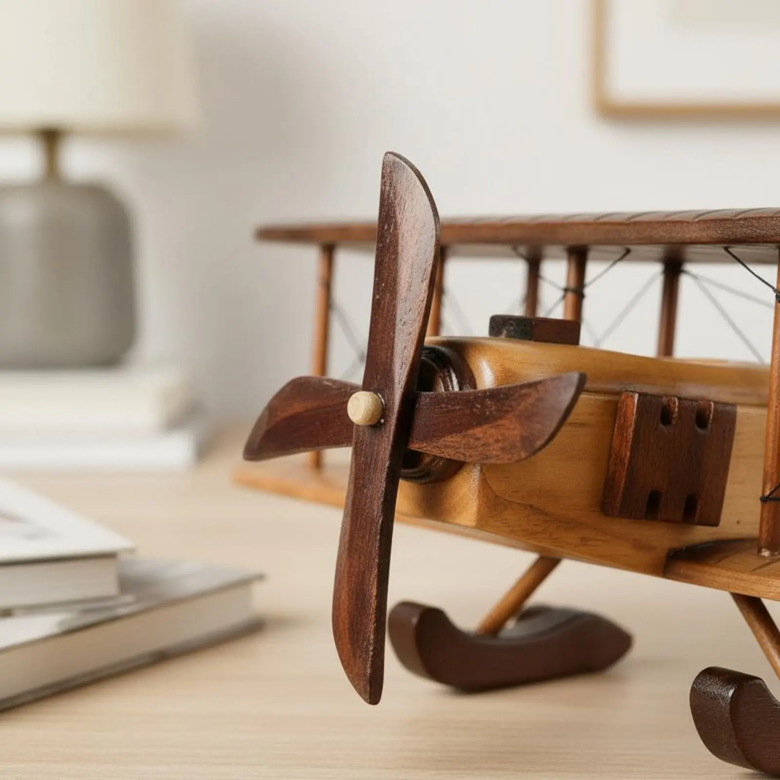 Wooden Biplane Model Rustic Finish Wooden Airplane Model Vintage Biplane Ornament Handmade Look Display Piece Sturdy for Office view 5