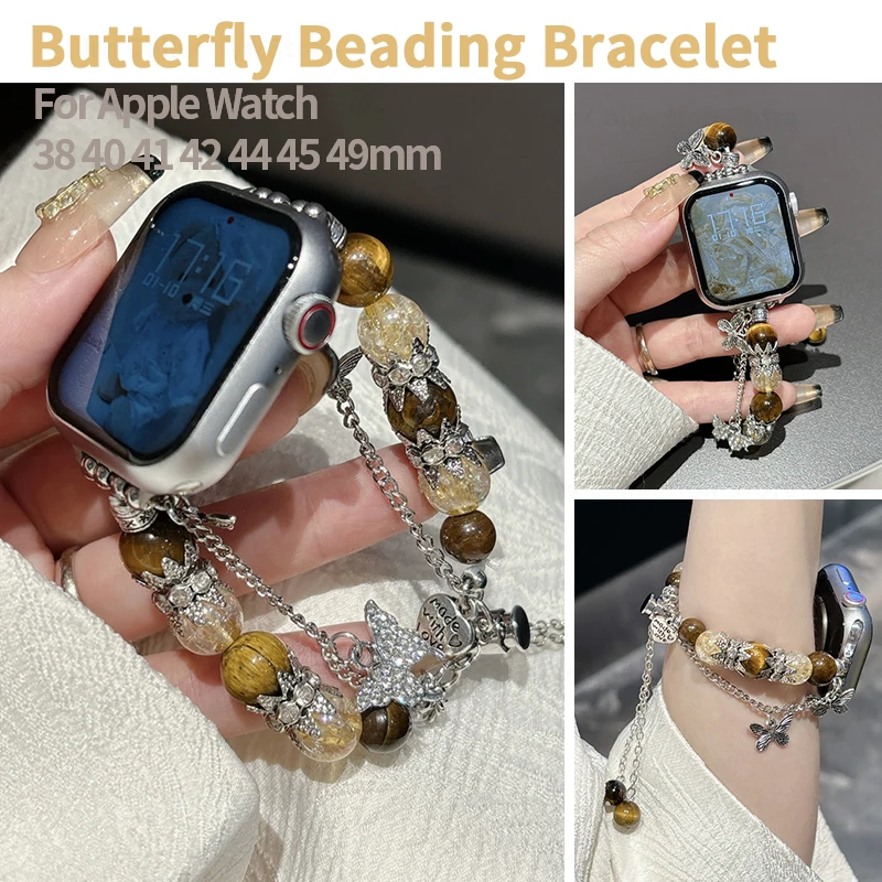 

Woman Agate Strap for Apple Watch Band Ultra 2 38/41/40mm 42/44/45/49mm Bling Butterfly Beading Bracelet for IWatch 9 8 7 Se 6 5