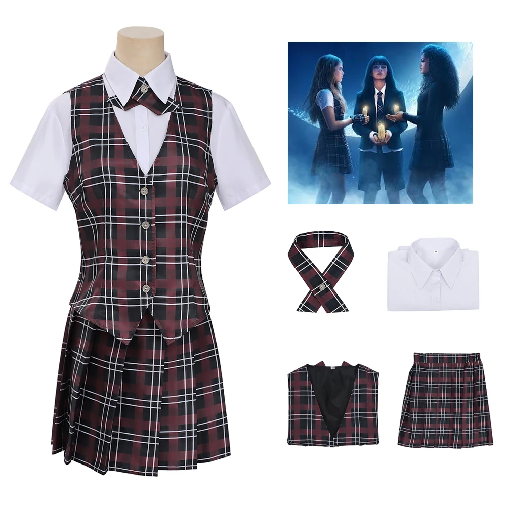 Disfraz Cosplay Coven Academy para Mujer, Uniforme Escolar a Cuadros Granate Briar Sasha Tegan, Chaleco Falda Camisa Corbata de Lazo, Halloween Fiesta Temática