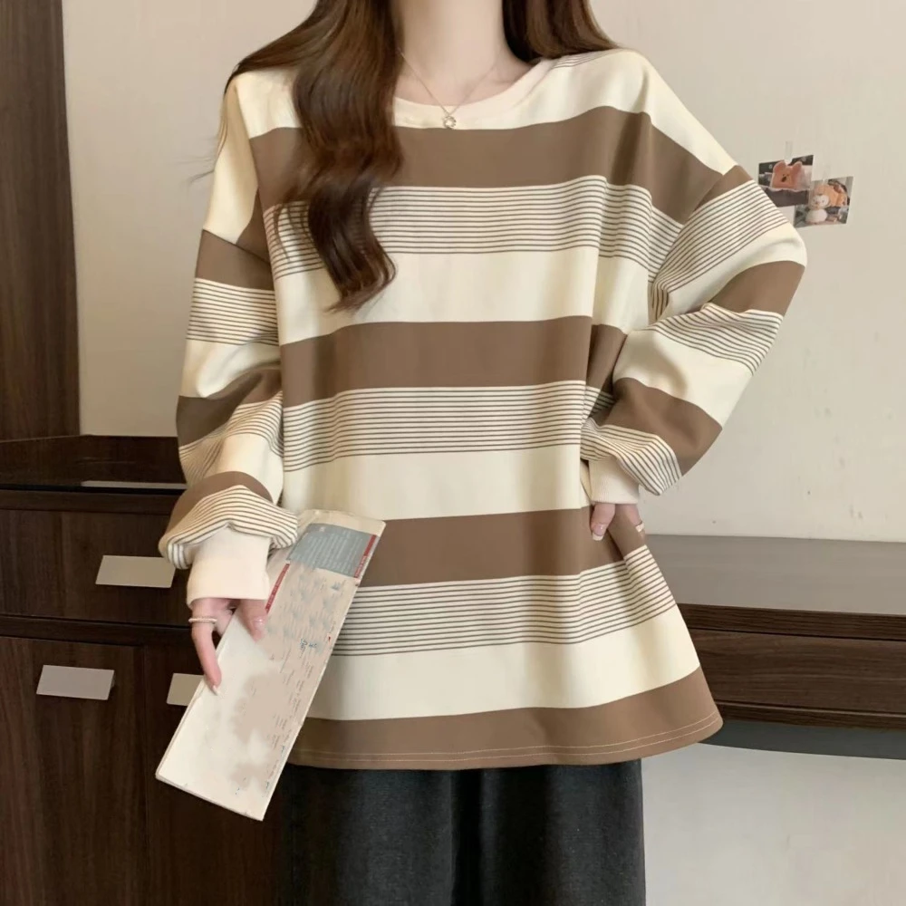 

All-match Retro Long Sleeve T Shirt Loose Plus Size Striped Blouse Stylish Chic Bottoming Top Female