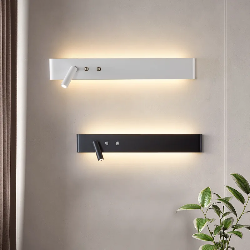 Modern Minimalist Black White LED Wall Lamp With Switch Bedroom Bedside Study Reading Lamps Line Background Wall Sconce Light