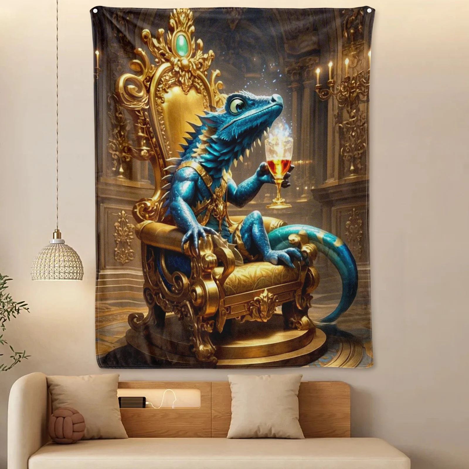 Regal Chameleon King With Goblet Blanket For Elegant Spaces Featuring A Personified Royal Courtly Design