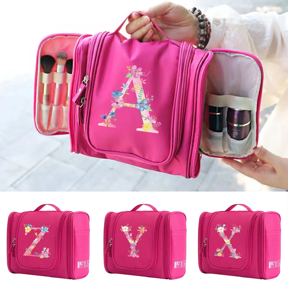 Travel Handbag Cosmetic Bags Make Up Case MakeUp Bag Wash Pouch Women Hook Up Organizer Pink Print Toiletry Accessory Storage