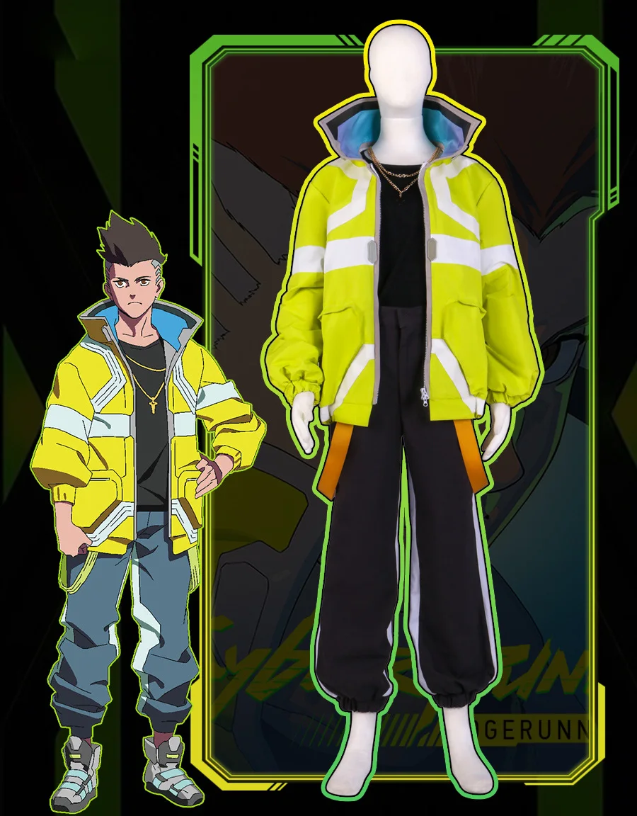 

Anime Cyberpunk Edgerunners David Martinez Cosplay Costume Yellow Stand Collar Jacket Pants Men Aldult Clothing Zipper Punk Coat