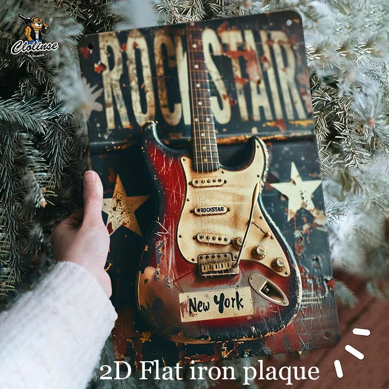 -   Rock Style Electric Guitar Pattern Iron Metal Sign , with Vintage Red and Black Color Scheme and 