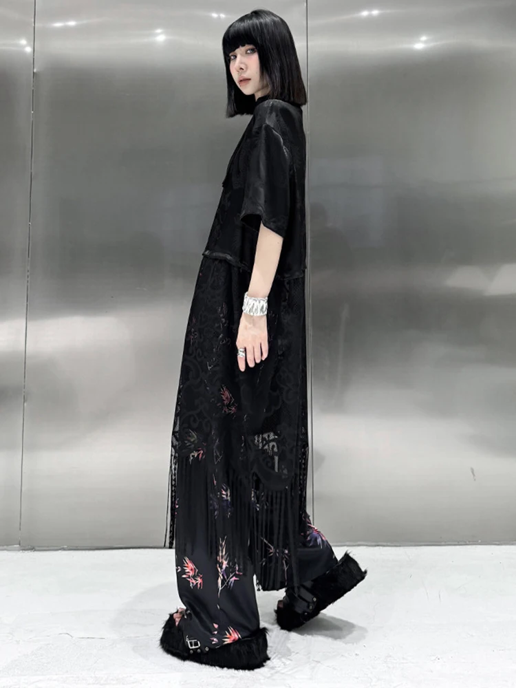 [EAM] Women Black Lace  Spliced Hem Tassels Big Size Dress New Stand Collar Sleeve Fashion Tide Spring Summer 2024 1DH5406