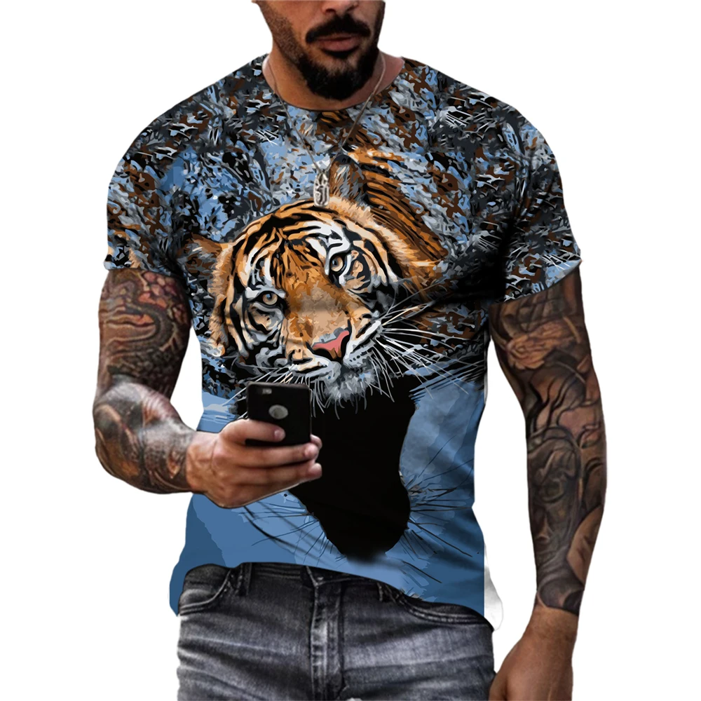 

Fashion Summer New Animal Tiger Pattern T-shirt Men's Casual Street Personality Tops Handsome Cool Round Neck Short Sleeved Tees