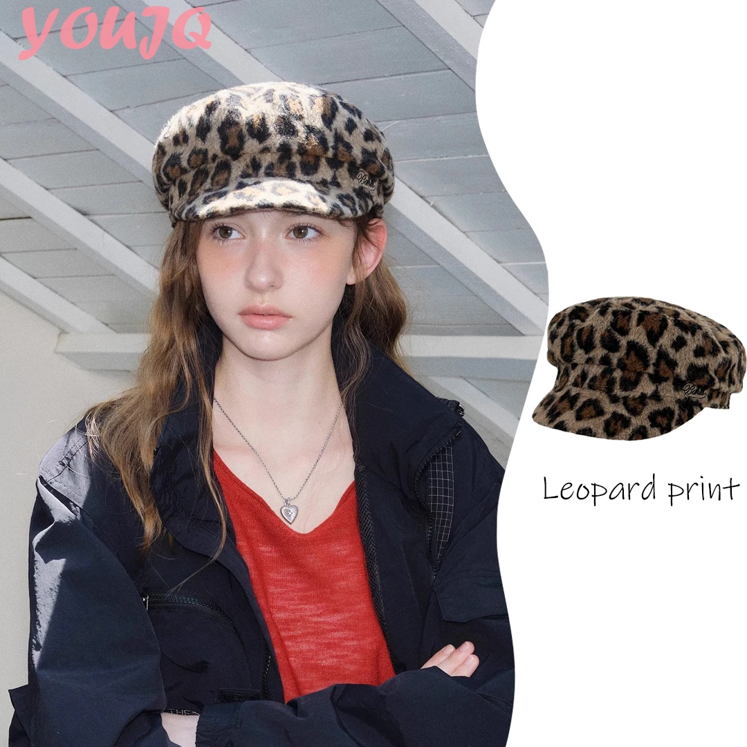 

Y2K панк леопардовый принт шерстяной тканевый берет осень/зима винтажные шикарные шапки газетчика для женщин мягкие плюшевые уличные кепки для мальчиков-пекаре