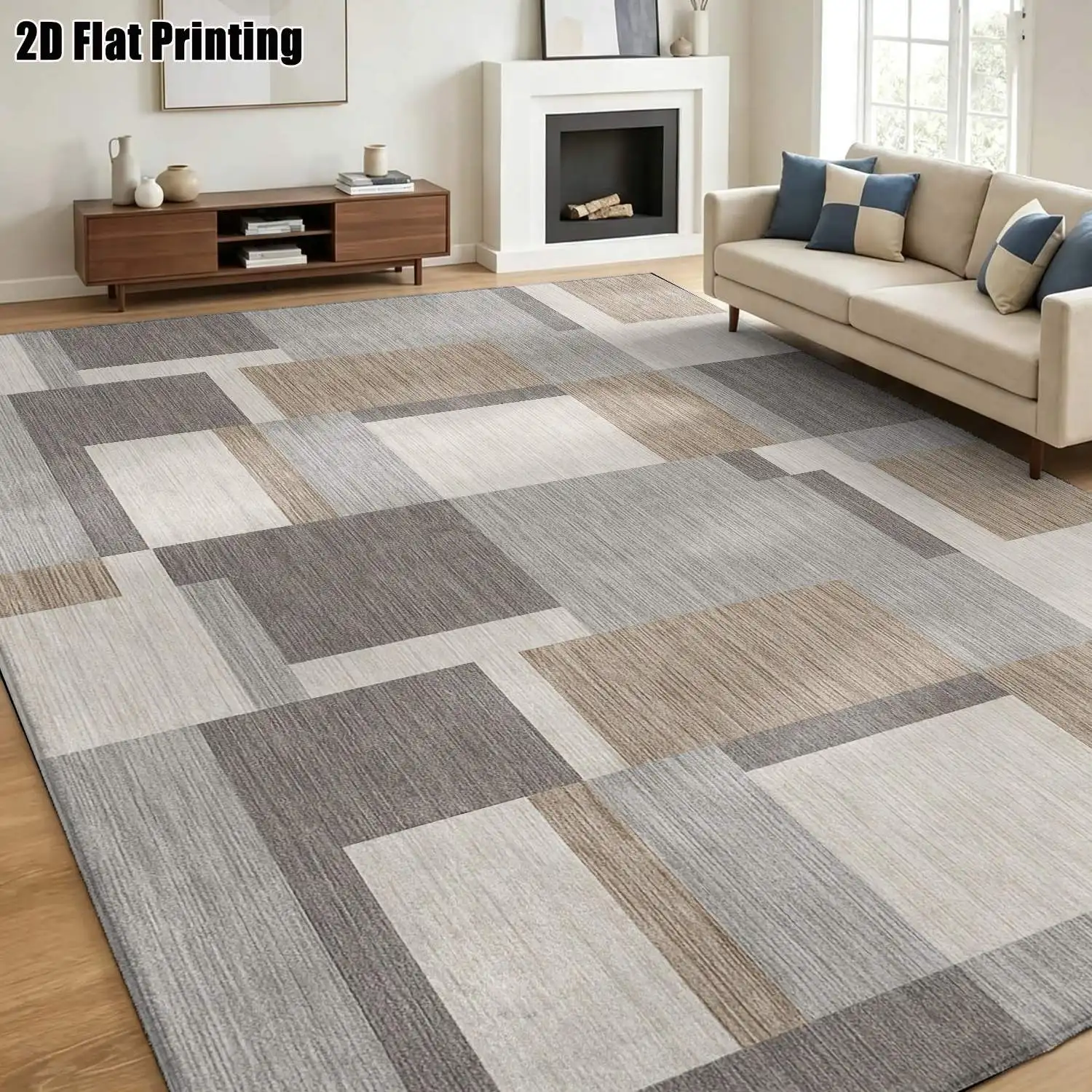 1Pc 2D Printed Carpet: Light Gray-Brown Geometric Square Pattern, Nordic/Modern Minimalist Style, Multi-Size, Machine Washable, Suitable for Entrance, Dining Room, Foyer, Living Room, Bedroom as a Mat/Decoration