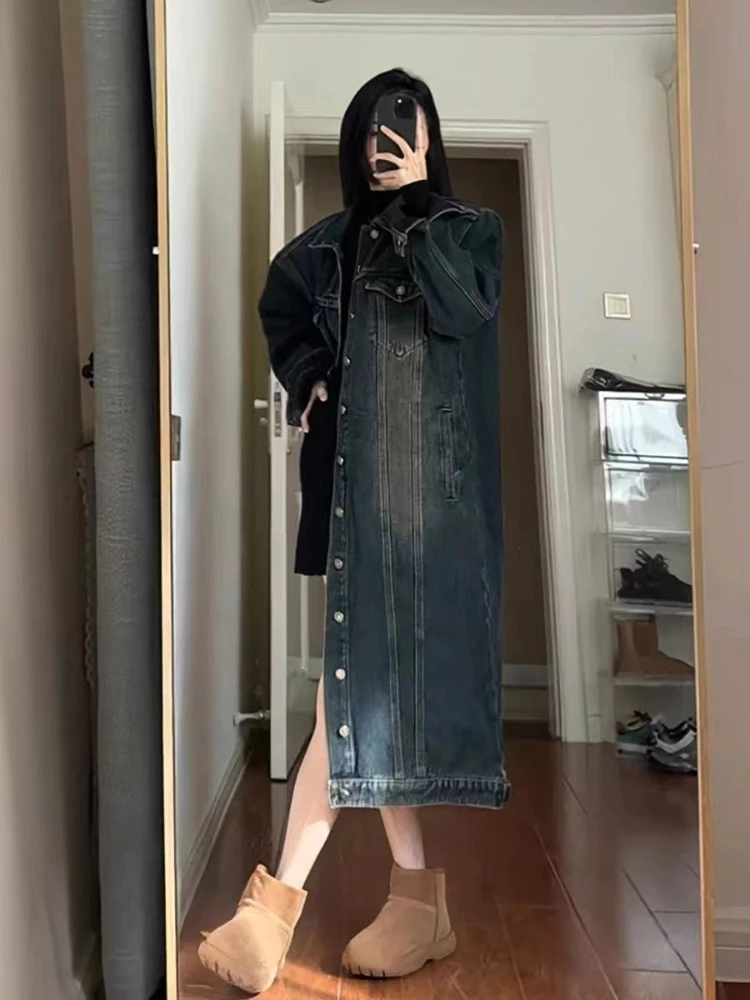 

Модная длинная джинсовая куртка для женщин, новинка весеннего сезона, с однобортным воротником и свободным кроем, в стиле high street.