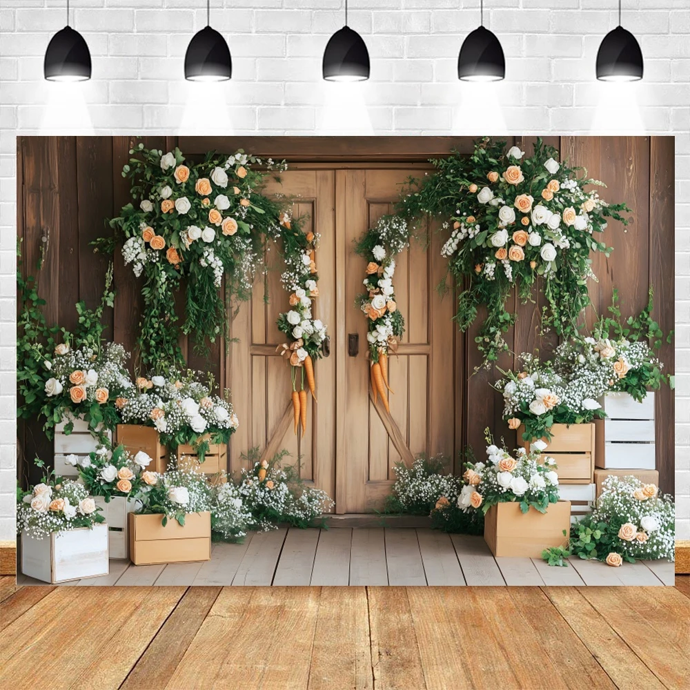 Happy Easter Backdrop Photography Spring Flowers Wood Door Carrot Rabbit Eggs Grass Cabbage Kids Birthday Party Background