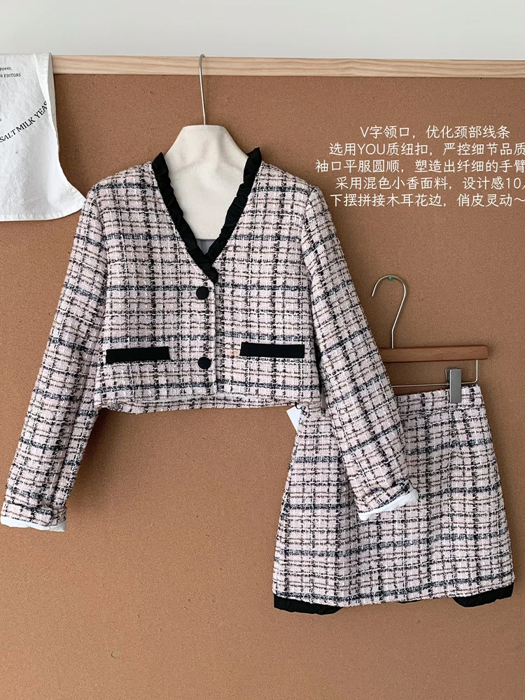 Fall Winter Women Old Money French Vintage Aesthetic Plaid Outfits 2 Piece Set Elegant Luxury V-Neck Crop Jacket + Mini Skirts