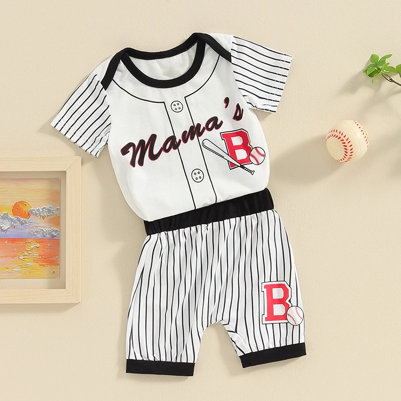 Newborn Baby Boy Baseball Outfit Mamas Boy Short Sleeve Jumpsuit Striped Elastic Shorts Set Boys Summer Clothes