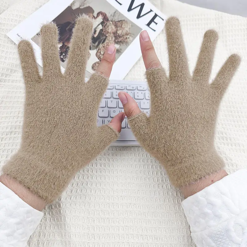 

Зимние перчатки с двумя пальцами, имитация норкового меха, теплые утолщенные варежки для мужчин и женщин, уличные автомобильные перчатки без пальцев