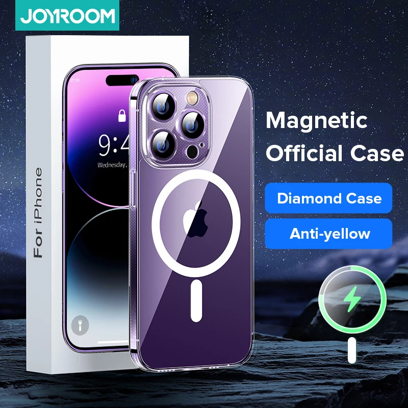 Joyroom Magnetic Case For iPhone 14 13 12 Pro Max Diamond Transparent Cover PC Case Wireless Charger Magnet Back Cover