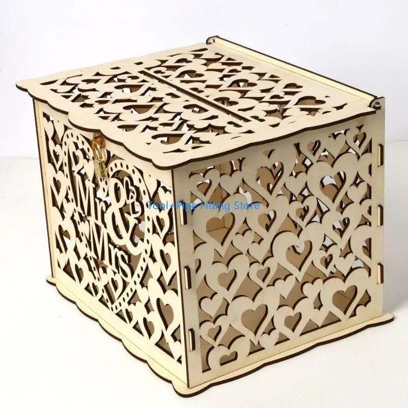 F92B DIY GEED HIME MR & MRS WOODEN CARD MONEY لقضية مع قفل Rustic Beauti