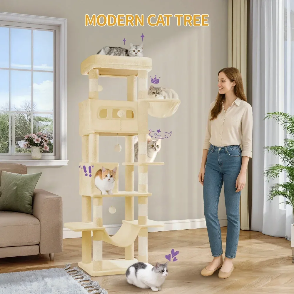 

Кошачья лежанка-когтеточка, 67-дюймовая большая высокая многоуровневая лежанка для домашних кошек, домик с гнездом, 8 столбиков для когтеточек, гамак, 4 помпона, B