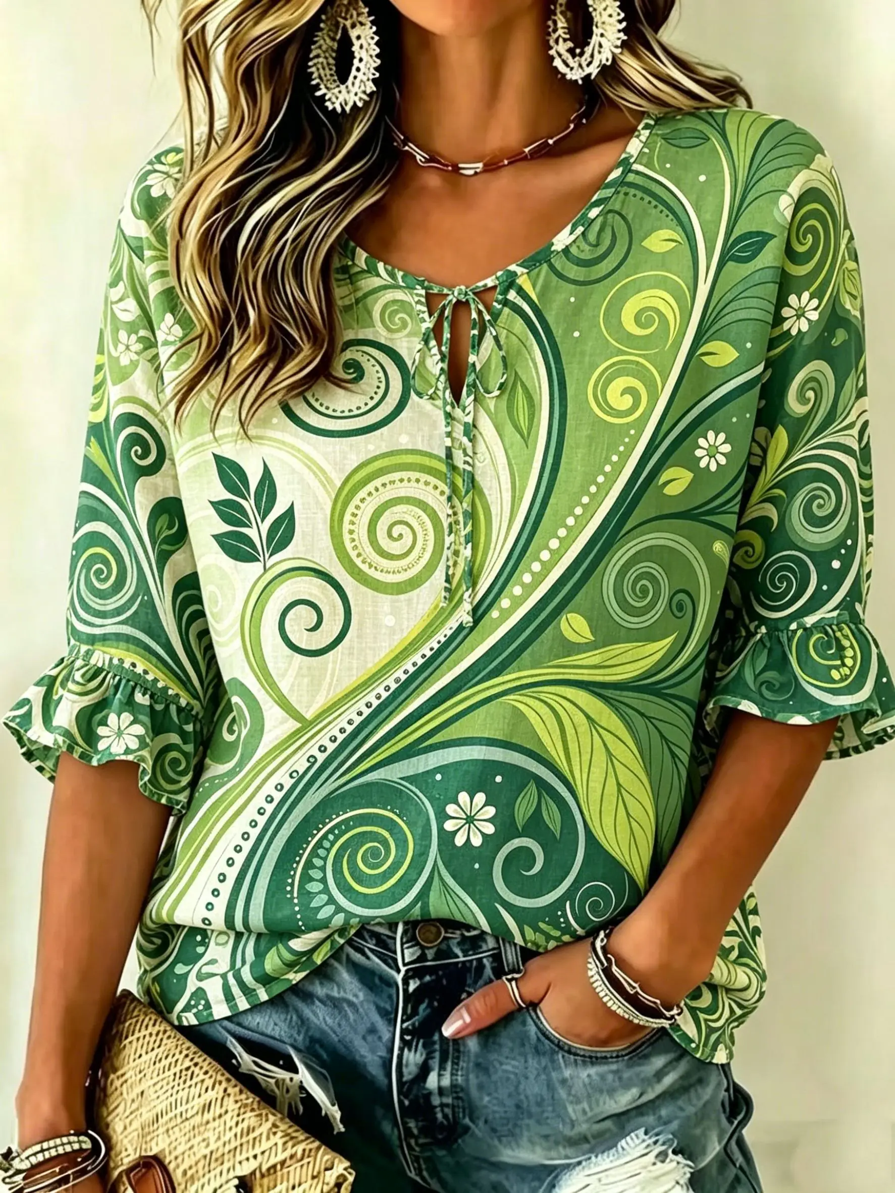 

Women's Green Abstract Swirl Print Tie Neck Blouse, Casual Loose Tops for Spring Summer Daily Wear & Vacation Occasions