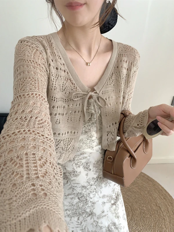 Women's Knitted Open Cardigan UV Protection Hollow out Lightweight V-Neck Rope Drawstring Air Conditioning Outerwear Shawl