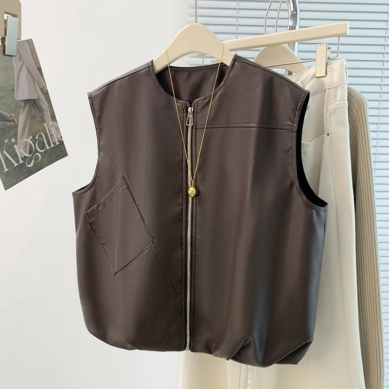 Casual Loose PU Leather Vest Zipper Jacket Simple Style Autumn Outerwear Women's Fashion Comfortable Fit  Color No Brand