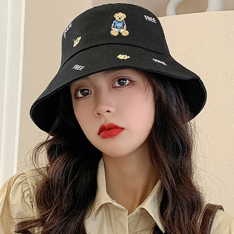 Fashion Spring Summer Fisherman Caps Women Cute Small Bear Embroidery Sunscreen Panama Hats Men Outdoor Sports Casual Bucket Hat