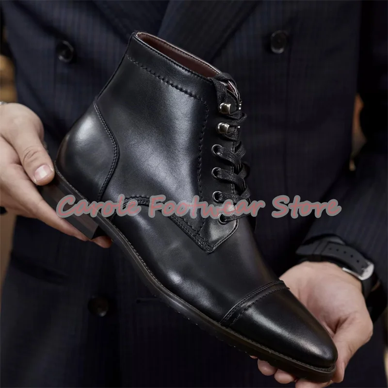

Retro Genuine Leather Male High Top Boots Round Toe Chunky Heel Lace-Up Short Boots Men's Outside Casual Motorcycle Boots