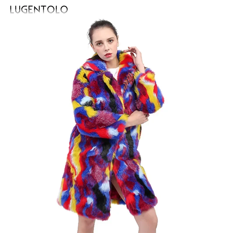 Women Faux Fur Warm Coat Autumn Winter Colorful Faux Fox Fur Long Jacket Female Fashion High Quality Lapel Cloth Available 4XL