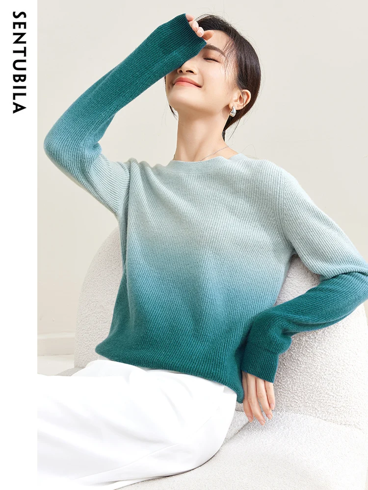 SENTUBILA Gradient Blue Wool Blend Winter Autumn Sweater Women 2024 Fashion Round Neck Long Sleeve Pullovers Knitwears Jumpers