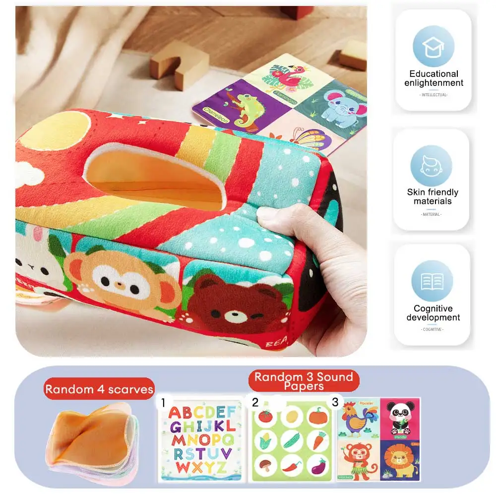Giocattolo per scatola di fazzoletti di stoffa Montessori per bambini, giocattolo sensoriale per attività di apprendimento educativo per i più piccoli, regalo di compleanno per esercizi con le dita