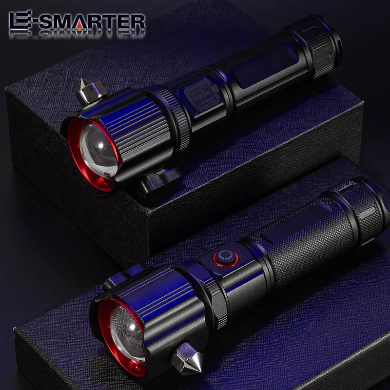 Super Bright Lasers Flashlight Zoomable Torch with Window Hammer Outdoor Emergency Waterproof 5 Lighting Mode Camping Flashlight