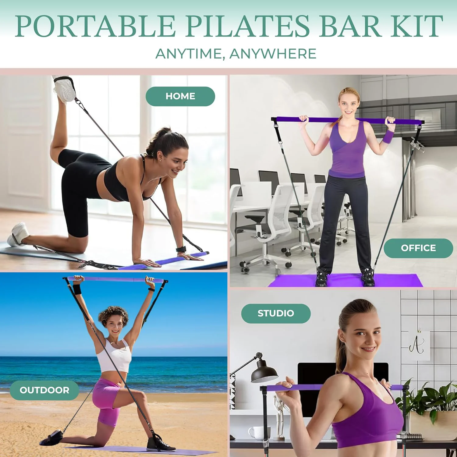 Kit Bar Pilates dengan tali resistensi, tongkat Pilates 3 bagian dengan pita Tumpuk, peralatan olahraga untuk kaki, pinggul, pinggang dan lengan, Ex