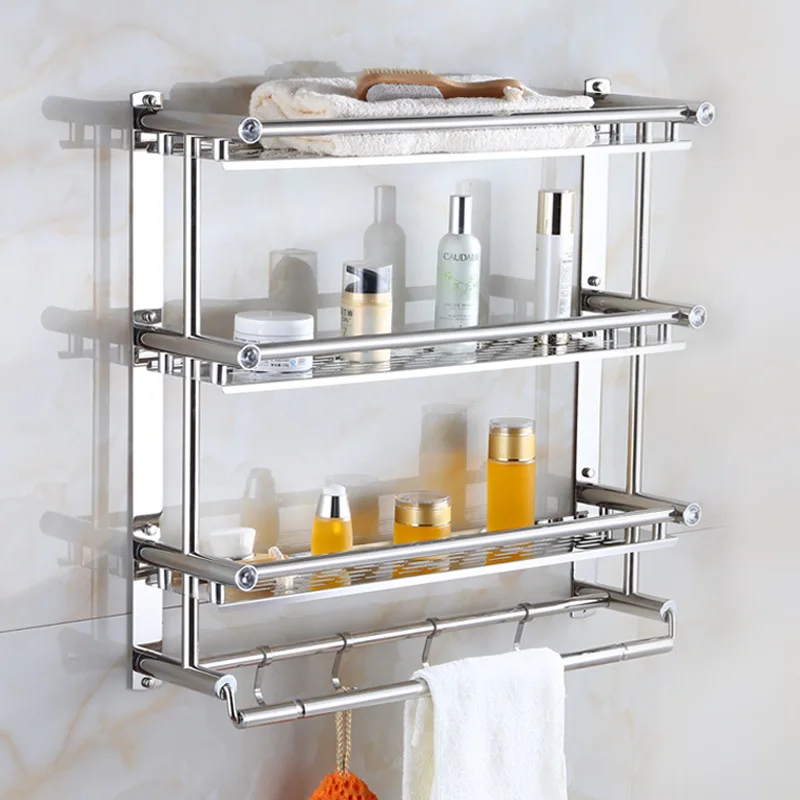 Towel Shelf Punch-free Folding Towel Rack Movable Bath Stainless Steel Polished Bathroom Storage Organizer Shampoo Holder Basket