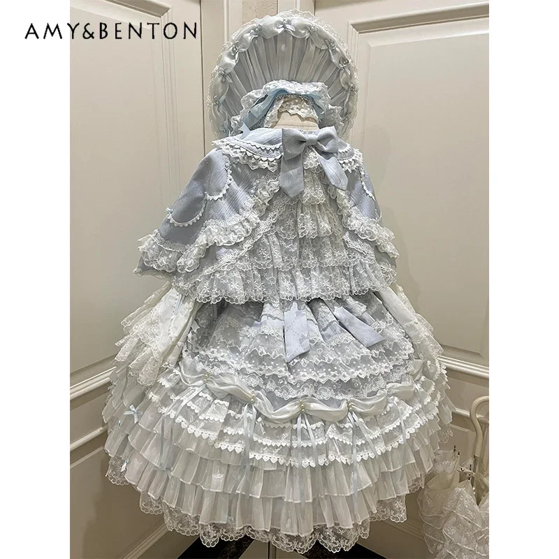 Temperamento princesa estilingue tutu vestido lolita vestido de aniversário para mulheres doce arco fino renda malha multi camada vestido jsk vestidos