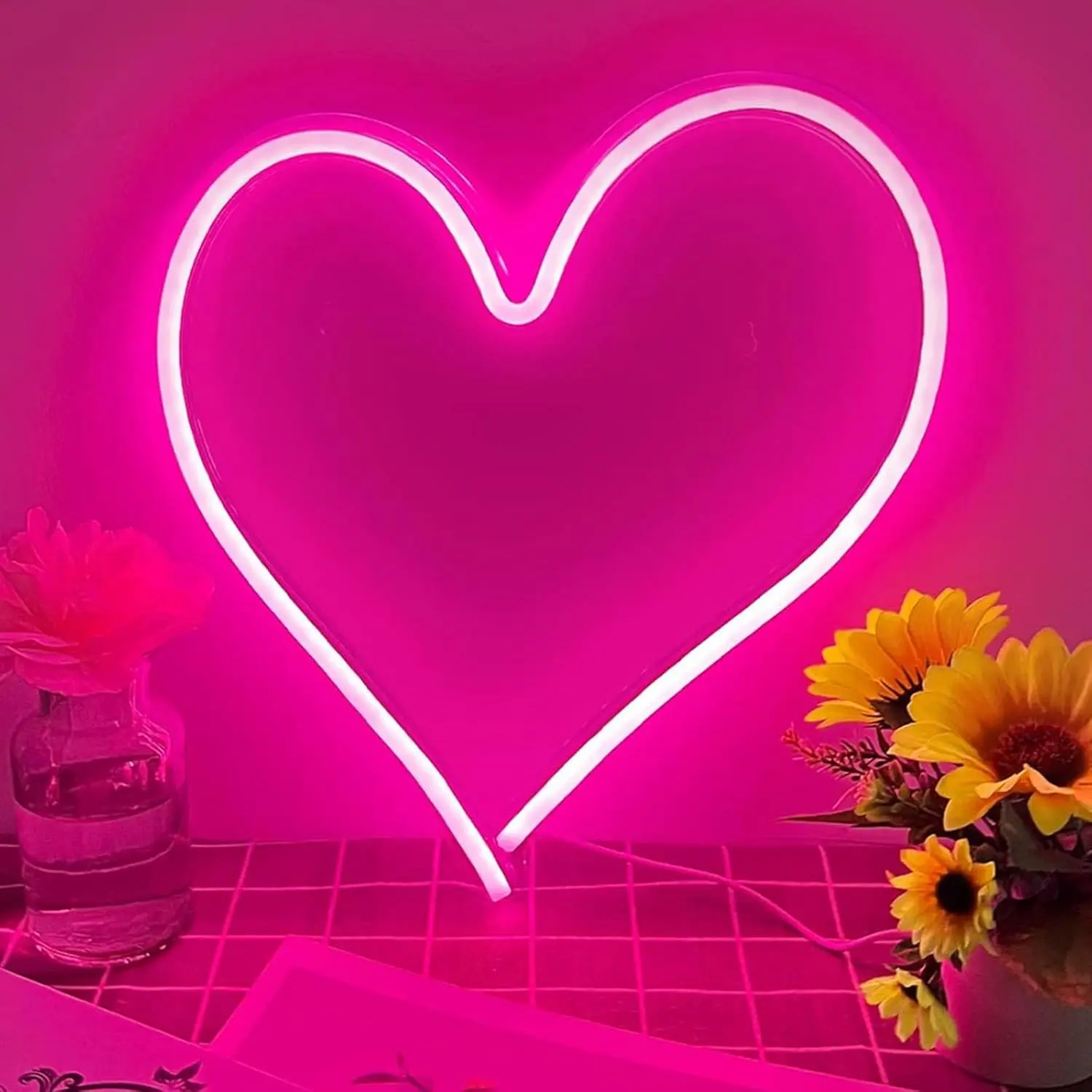 

Pink Heart Neon Sign, Neon Heart Light for Wall Decor, Love Heart LED Light up Sign 13.4×13 Inch Dimmable USB Powered Romantic