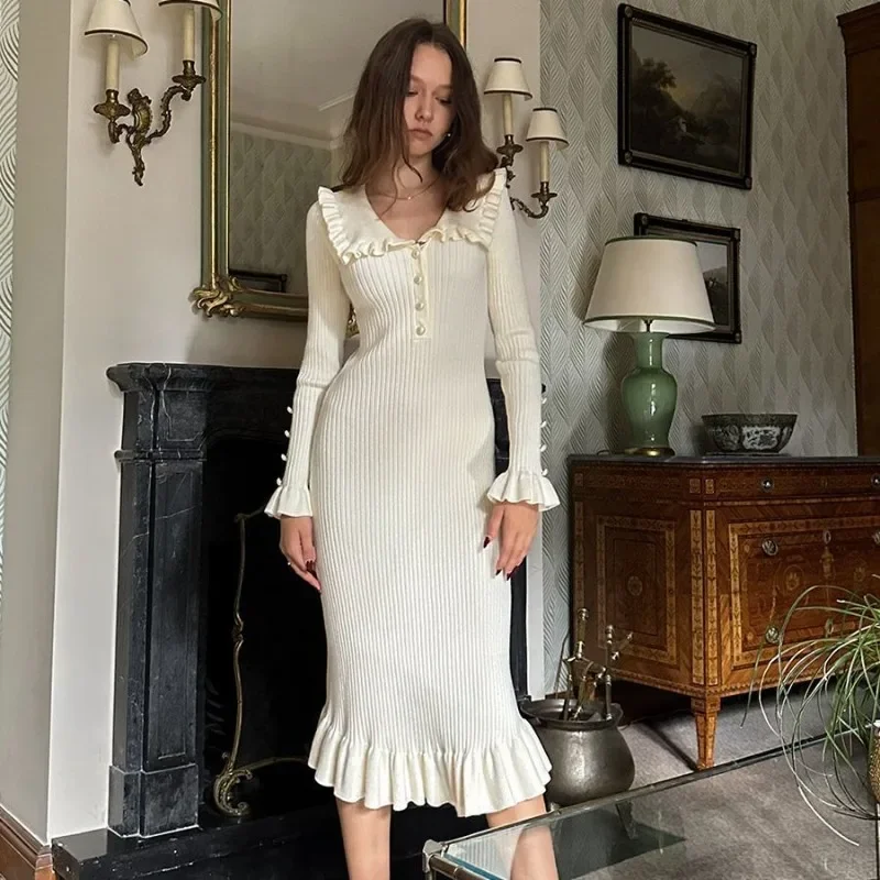 

Ruffle Knitted Maxi Dress Elegant French Style 2023 Autumn Winter Slim Long Sleeve High Waist Button Vintage Dresses Partywear