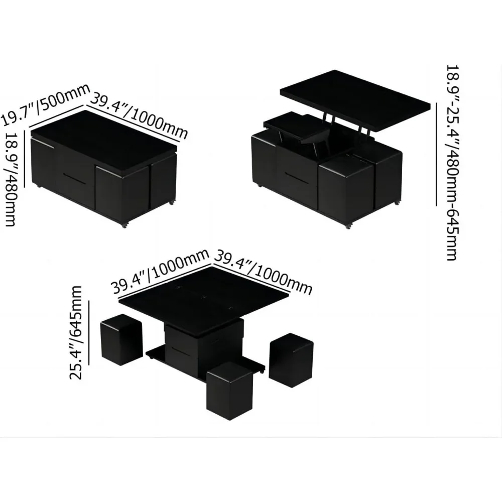 Mesa de centro plegable con almacenamiento oculto, 3 en 1, multifunción, moderna, con 4 taburetes y ruedas