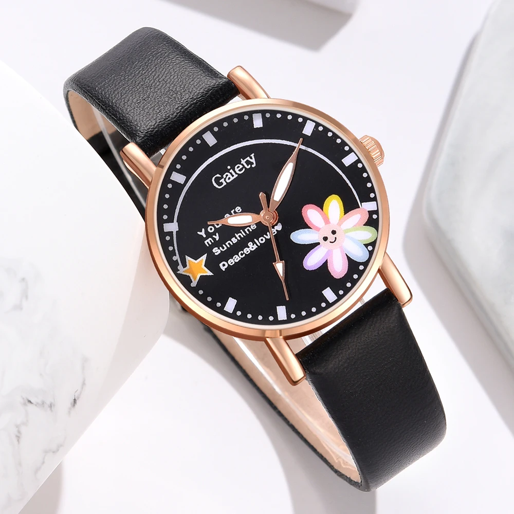 GAIETY Couple Simple Style Flower Element Dial Watch Casual Fashion Quartz Watch Is The Perfect Gift For Her (No Box)