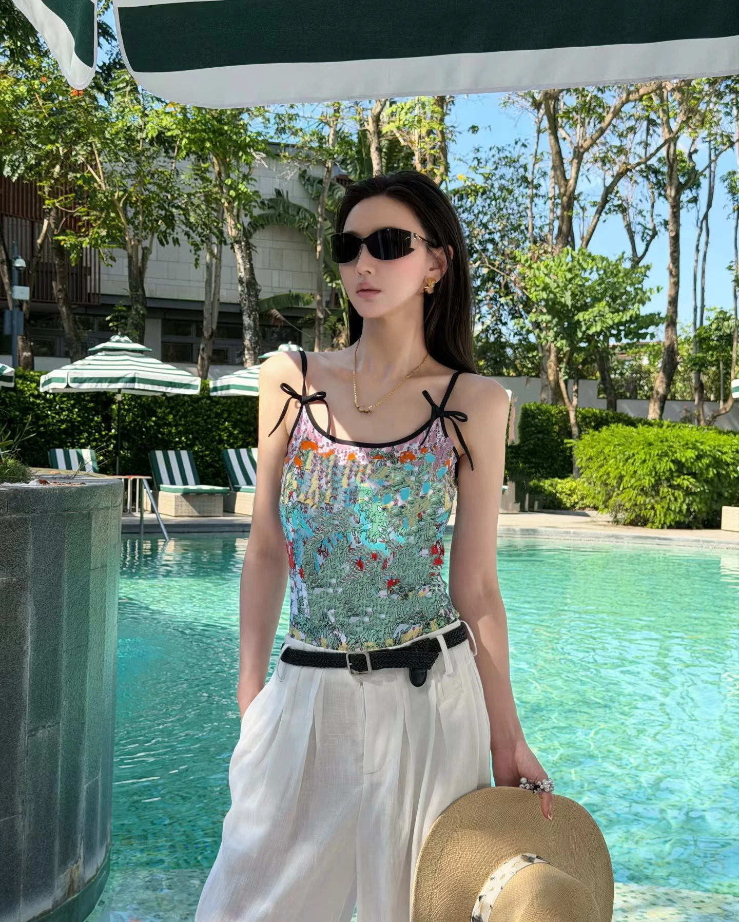 Fashionable Vest Strap Women's Top Versatile Slimming Summer Vacation Style Splice Short Length Plant Floral Print Outerwear