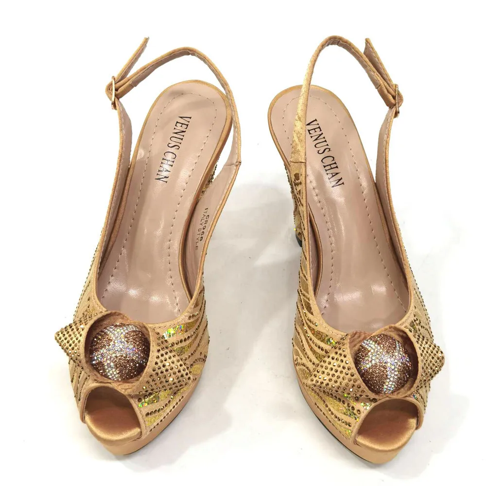 Mature Style Italian Women Shoes and Bag to Match in Gold Color Color Shinning Crystal Slingback Sandal with Platform for Party