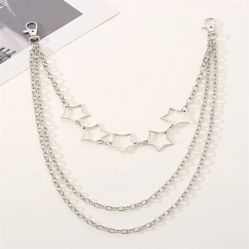 Metal Punk Steet Layered Chain Hollow Star Keychains For Women Men Waist Key Wallet Jeans  Pants Belt Chains Jewelry Accessories